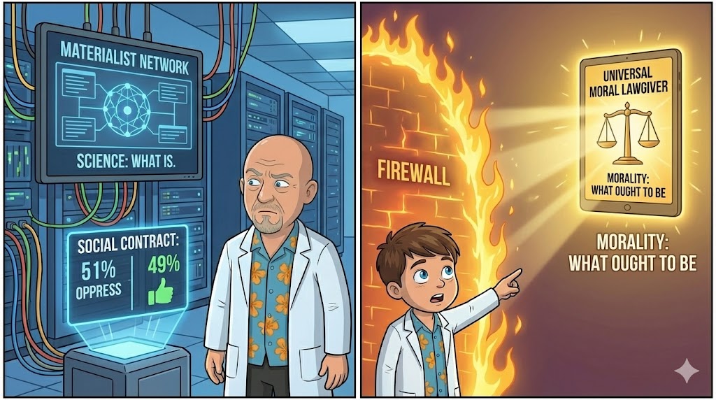 Conceptual visual: A glowing firewall barrier on a digital landscape, its circuitry pulsing golden as it blocks shadowy malware figures trying to breach into a grid of human icons, representing the idea of a moral firewall in a system